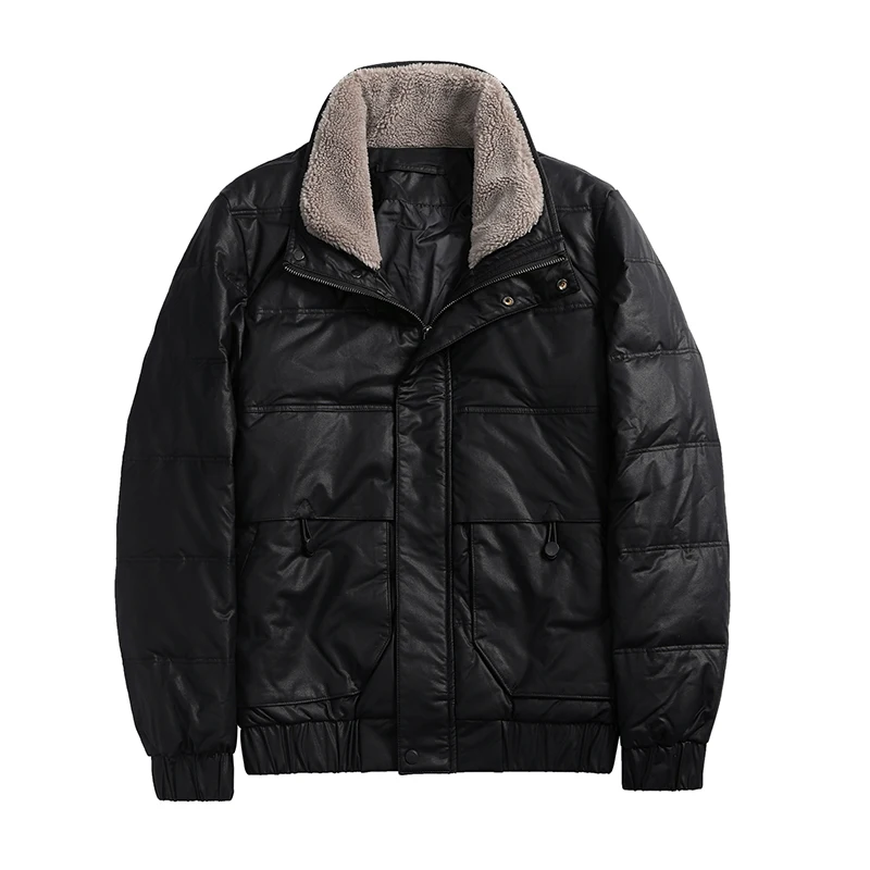 Зимний теплый мужской мотоциклетный кожаный пуховик пальто с воротником из