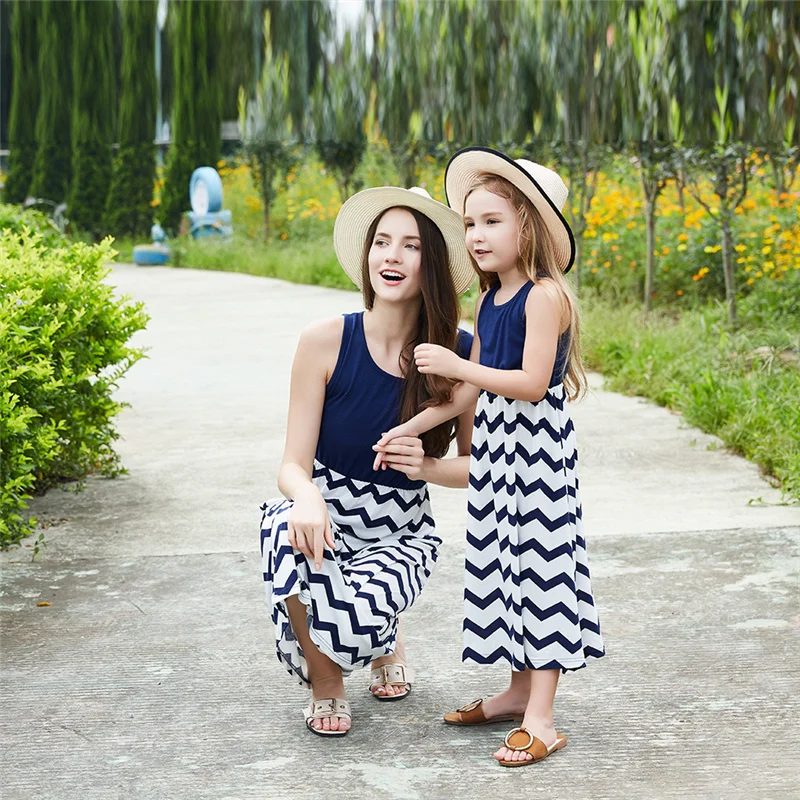 

Child Sleeveless Wave Dress Blue and White Stripe Printing Design Top Long Skirt Children's Travel Leisure Summer Dresses