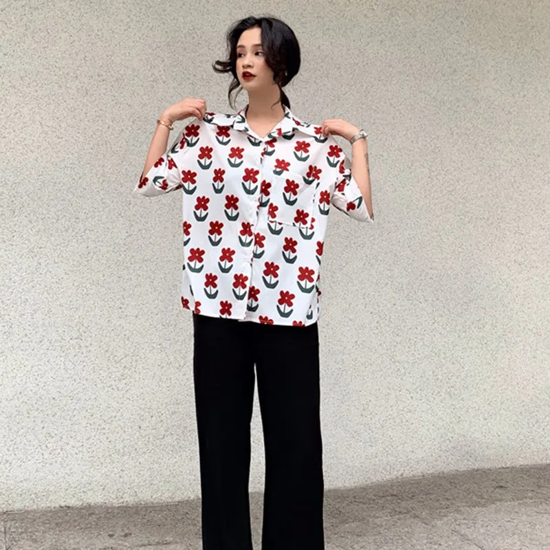 

Vintage Floral Printed Women's Blouse Casual Short Sleeve Loose Shirt Summer Beach Blouse Top
