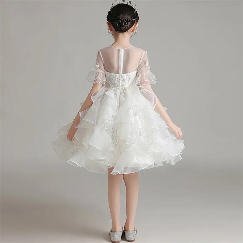 

Baby Kids Luxury Pure White Color Embroidery Flowers Birthday Wedding Party Princess Mesh Dress Children Girls Piano Host Dress
