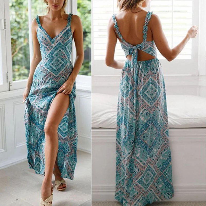 

Women'S Summer Sexy Backless Split Floral Print Flowy Maxi Dress