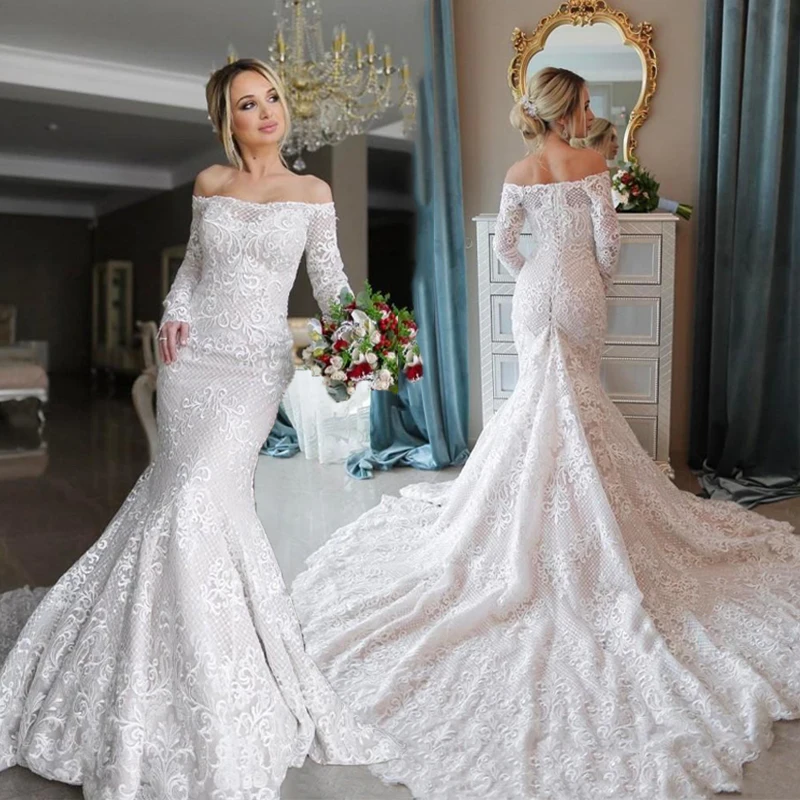 

Vintage Mermaid Wedding Dresses 2021 Off The Shoulder Lace Appliques Long Sleeve Evening Wedding Gowns Sweep Length Bridal Dress