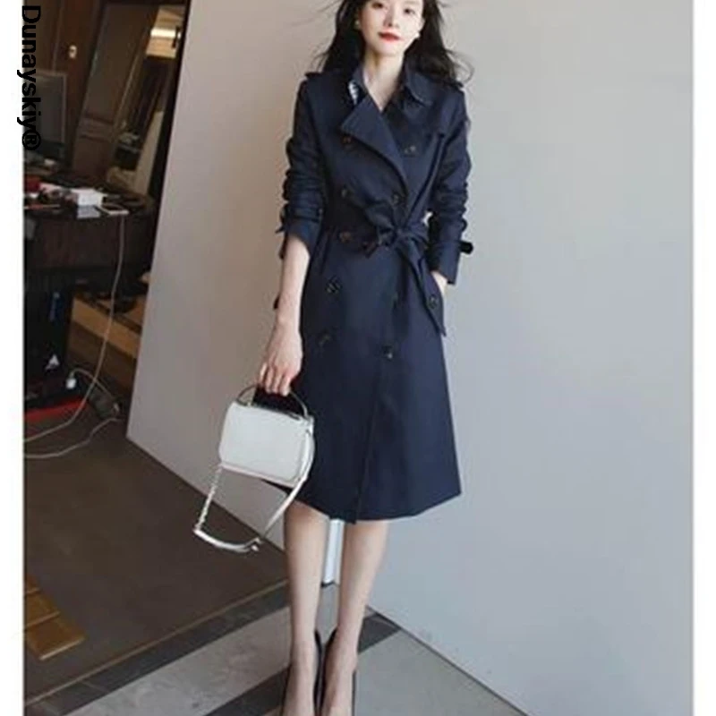 

Women's Windbreaker Leather Stitching Spring Autumn Lapel Ladies Cloak High-End Quality Lining 2021 Long Trench Coat