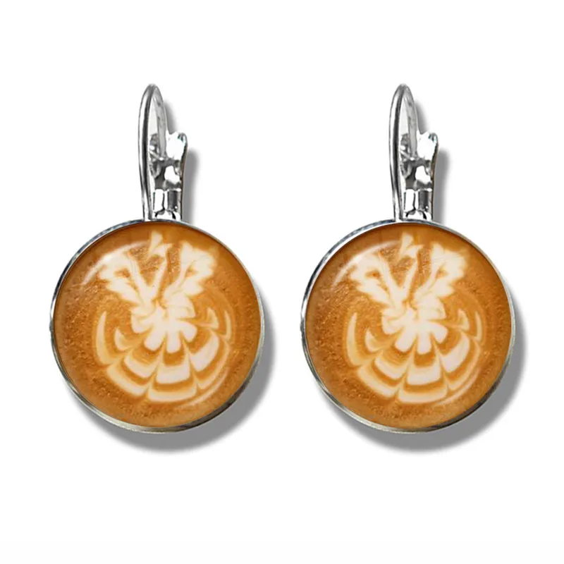 Coffee Latte Carving Love Heart Art Glass Cabochon Earrings Chocolate Printing Four Leaf Clover Cat Charm Jewelry For Women Girl | Украшения