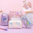 Kawaii Большой чехол для карандашей с блестками и звездами Лазерная кожаная коробка для ручек большая сумка для макияжа ПУ Sc