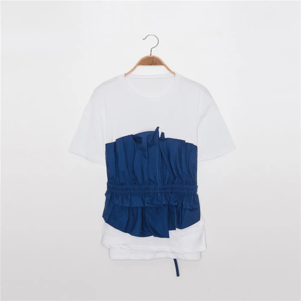 

2021 Summer New Women T-shirt Waist Seal Folds with Fake Two-piece Tops Contrast Color Personality Short-sleeved T-shirt Women
