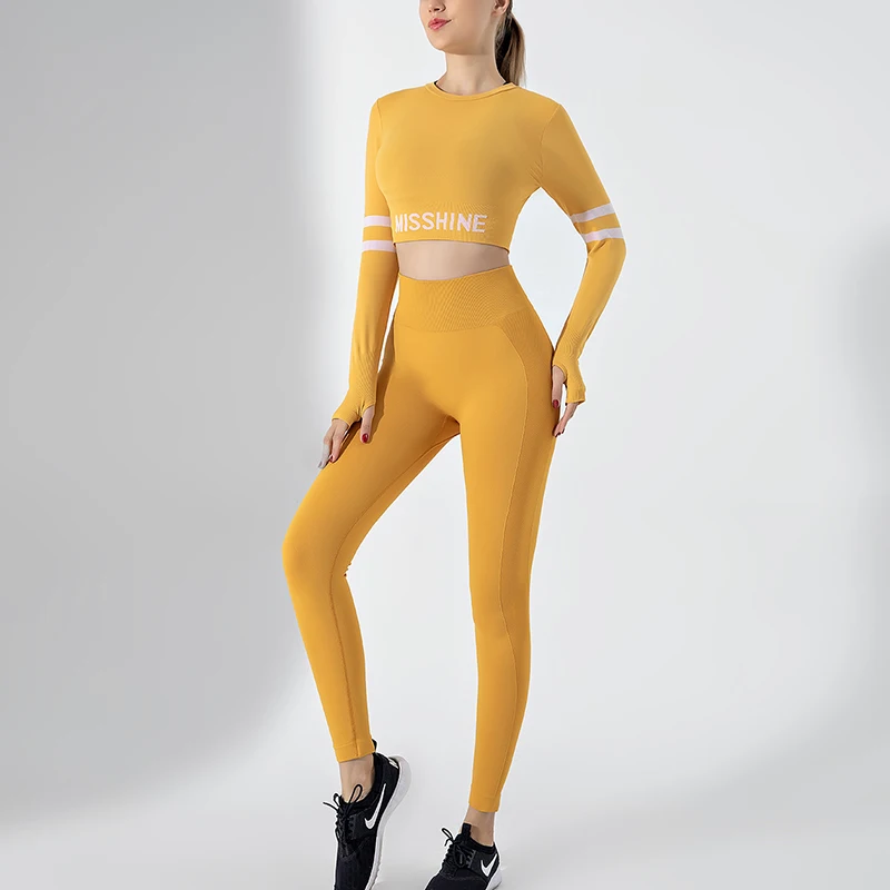 

Женские комплекты для йоги в полоску, спортивный костюм с длинным рукавом и надписью, спортивный костюм с высокой талией, леггинсы для спорт...