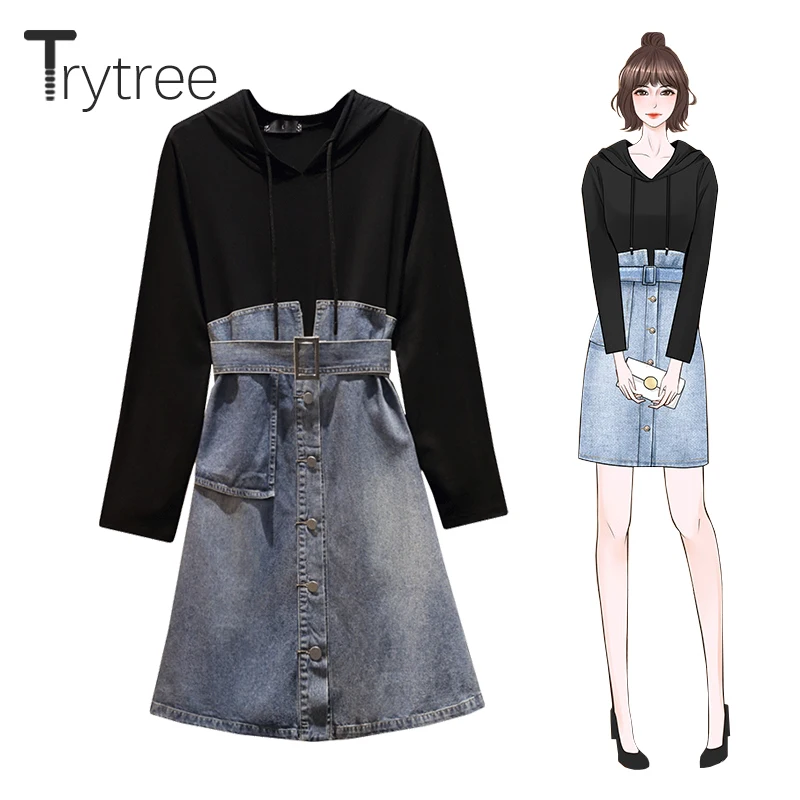 

Trytree 2020 Spring Woman Casual Dress Hooded Drawstring Black cowboy Patchwork Belt Pockets Button A-line Fashion Loose Dress