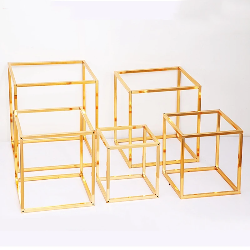 

New 5pcs/set gold square wedding plinth decoration Iron geometric placed props road lead T station supplies