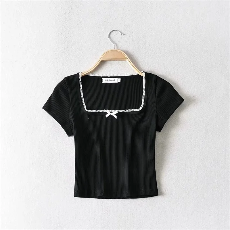 

Women Square Neck Short Sleeve Rib T-shirt Crop Top