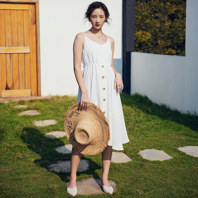 

2021 Spring Summer White Beach Skirt Single Breasted Sexy Dress Party High Waist Condole Belt Elegant V Neck Women Midi Dresses