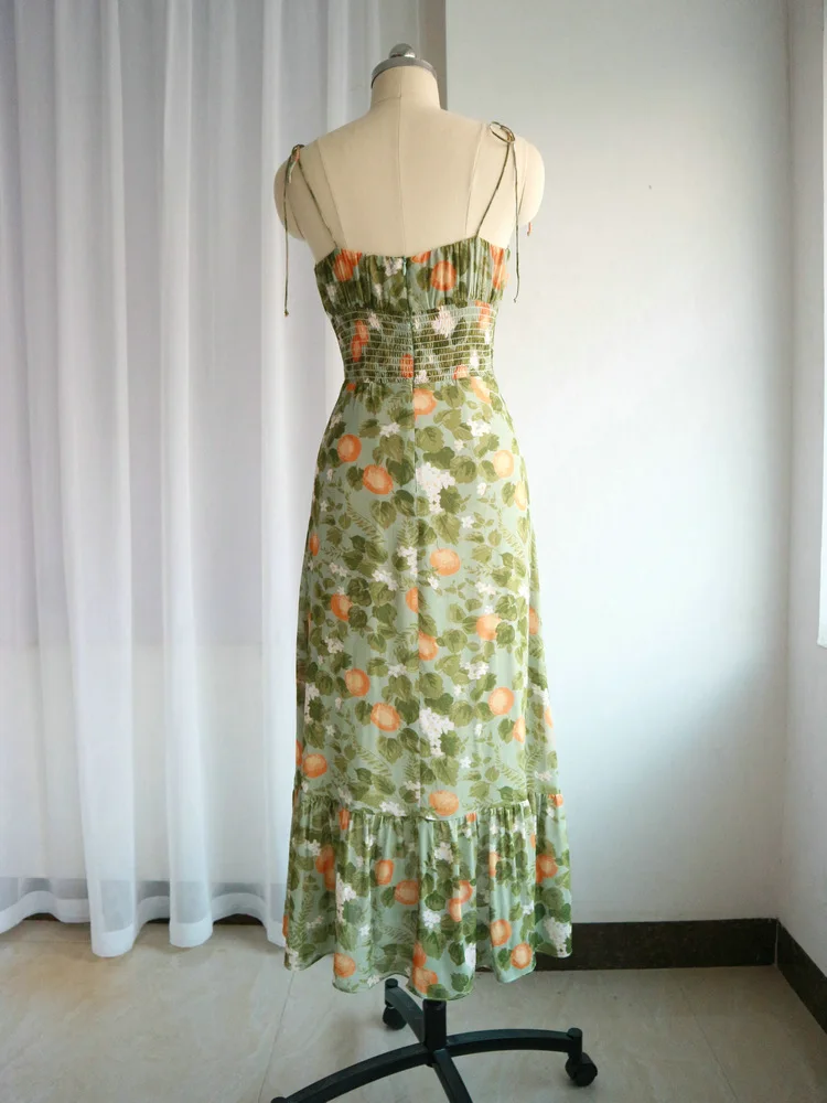 

Summer Lemon Yellow Floral Print V Neck Spaghetti Strap Sexy Dress Women Green Elegant Vintage Boho Beach Party Long Light Dress