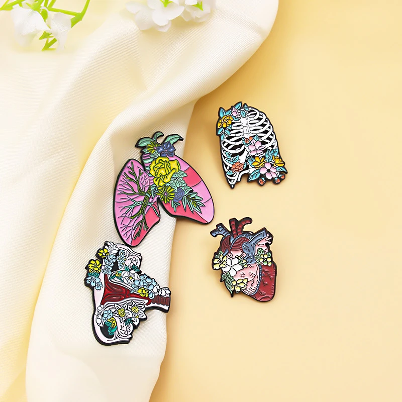 

Colorful Flower Viscera Series Brooch Pink Rose Skeleton Body Lung Brooch Heart Uterus Eye Bone Brooch Creative Backpack Badge