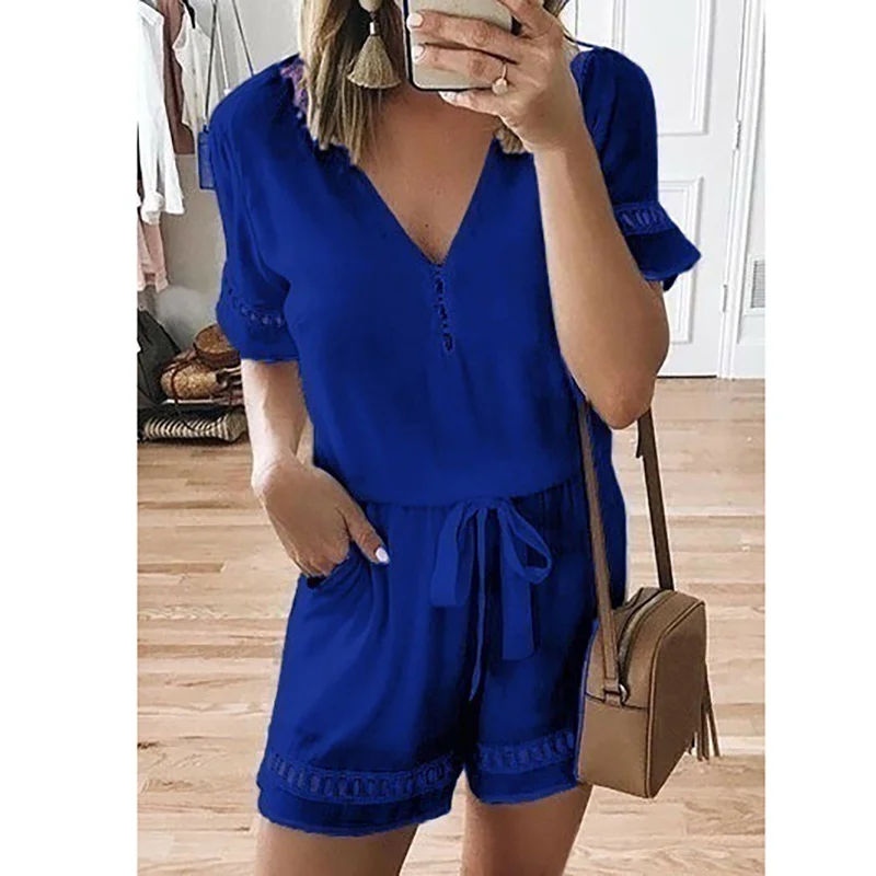 

Women's V Neck Short Sleeve Elastic Waistline Jumpsuit Ladies Summer Casual Loose Playsuit Hot Sale
