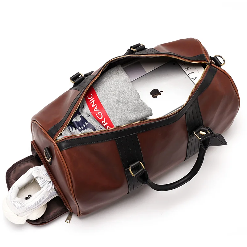 Мужская коричневая сумка дорожная водонепроницаемая кожаная большая