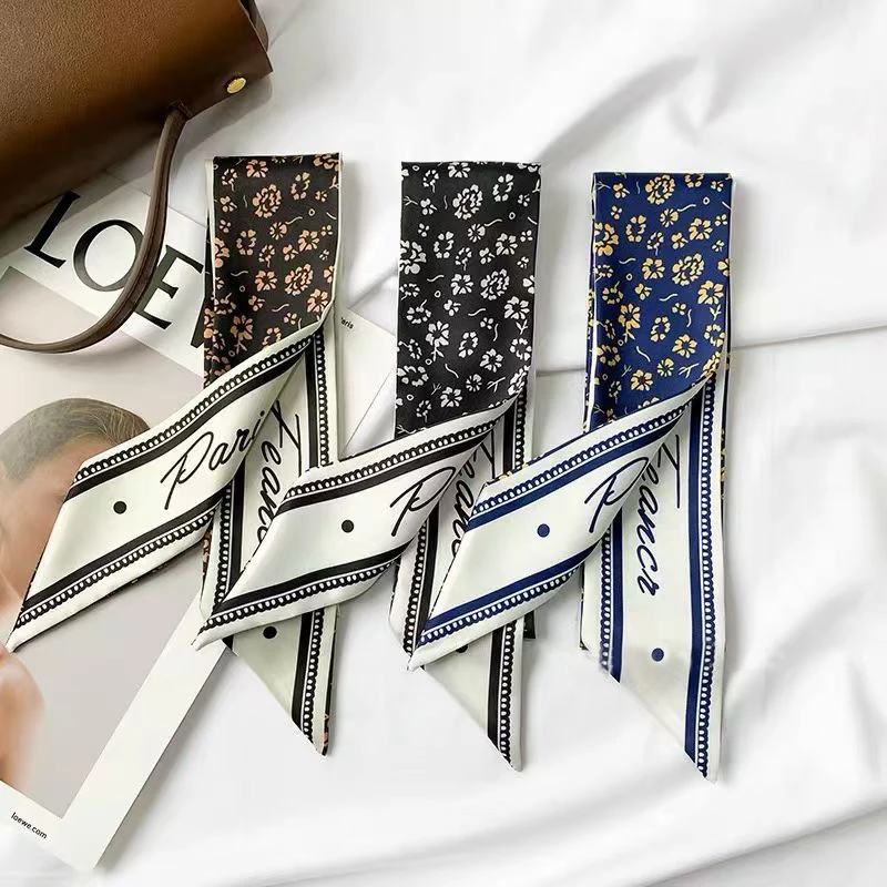 

Luna&Dolphin Women Narrow Skinny Scarf 100x6cm Silk Feeling Chiffon Headbands Retro Flower Print Ribbon Neckercheif Streamer