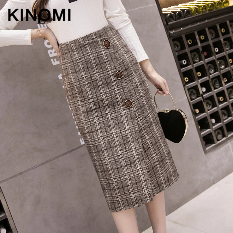 Фото KINOMI осенне-зимние женские винтажные шерстяные клетчатые миди юбки с высокой