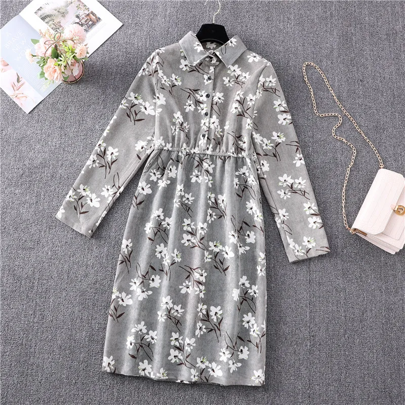 

Autumn Winter Corduroy Dresses Women Long Sleeve Midi Dress High Waist Turn-down Collar Printed Floral Casual Dress Vestidos