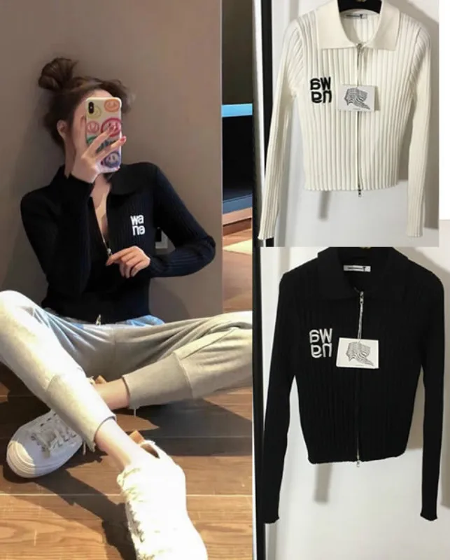 

2020 Autumn Winter Embroidered Long Sleeve Sleek Versatile Cardigan Zipper Lapel Striped Bottoming Shirt