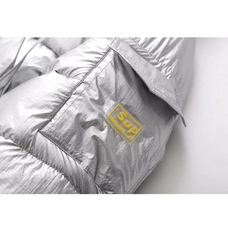 

Winter New Korean Style Shiny Hooded Thick Warm Jaket Coat Women's Vintage Short Zipper Cotton Color Block Chic Tops Female