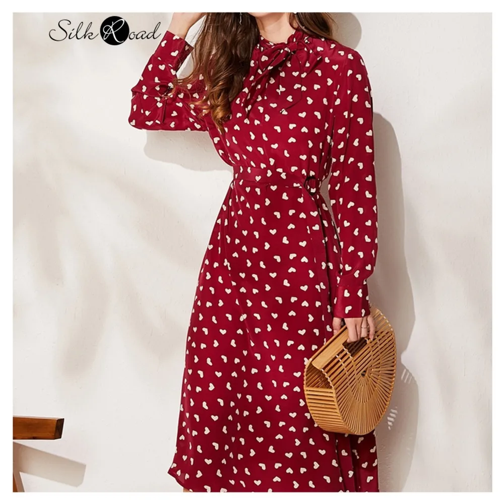 

Silviye Love printed authentic floral silk dress women's mulberry belt collection waist long sleeve shirt dress A-line dress