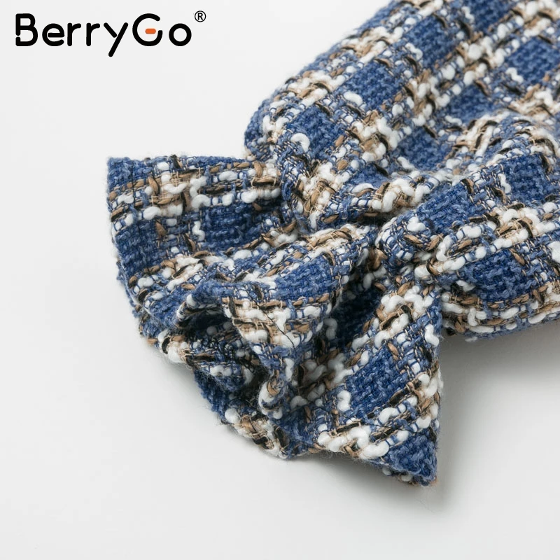 BerryGo Повседневный твидовый в клетку жакет Женское пальто свободный фонарь рукав кардиган-пончо Эластичная Высокая талия верхняя одежда женская куртка