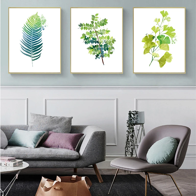 Акварельная картина на холсте с зелеными растениями Современное украшение для