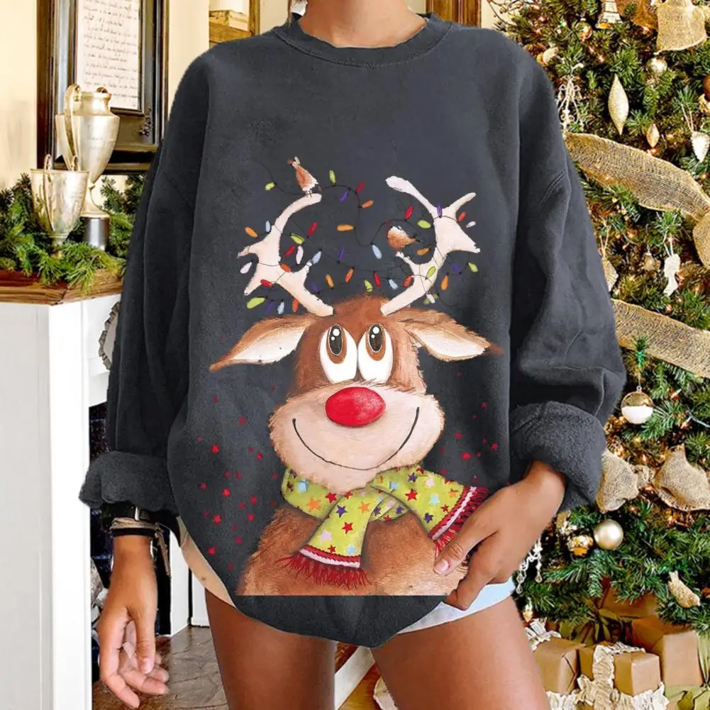

Lightweight Round Neck Festive Elk Autumn Winter Sweatshirt Women Accessory