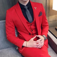 three piece red wedding men suits for evening prom peaked lapel slim fit custom made groomsmen tuxedos jacket pants vest