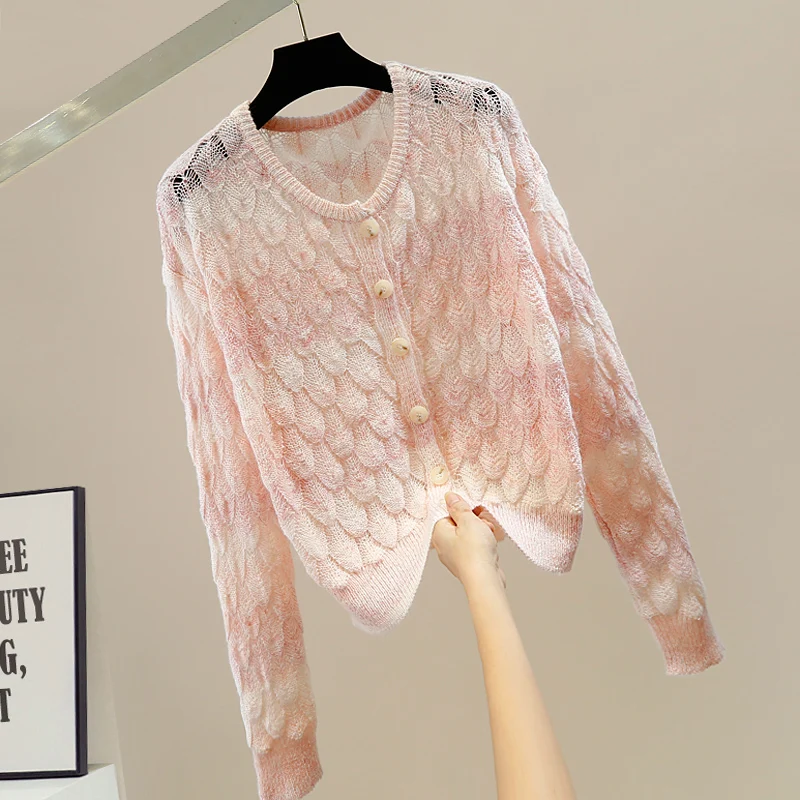 

Fashion Gradient Color Hollow Out Thin Sweater Women Knit Shirt 2021 Autumn New Loose Single-Breasted Knitted Sweaters Cardigan