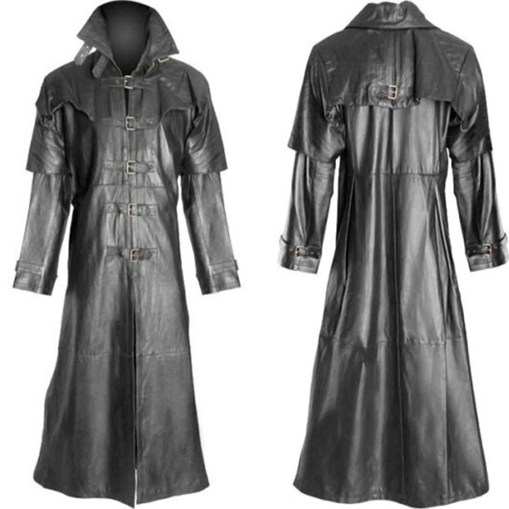 Mens Steampunk Leather Jacket Trench Coat Gothic Punk Rave Military Long Outwear Cosplay Black Plus Size New 2022