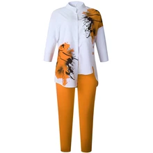 3XL Plus Size Women Print Two Piece Sets White Shirts Tops And Pants Lady Fashion Irregular Split Casual Suits Afican Autumn Set
