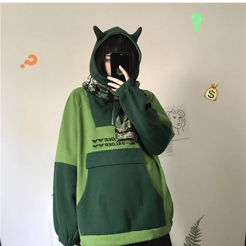 

Women’s Color Block Hoodies Harajuku Women's Sweatshirt Oversized Loose Frog Pullover Pocket Sweatshirts For Spring Autumn