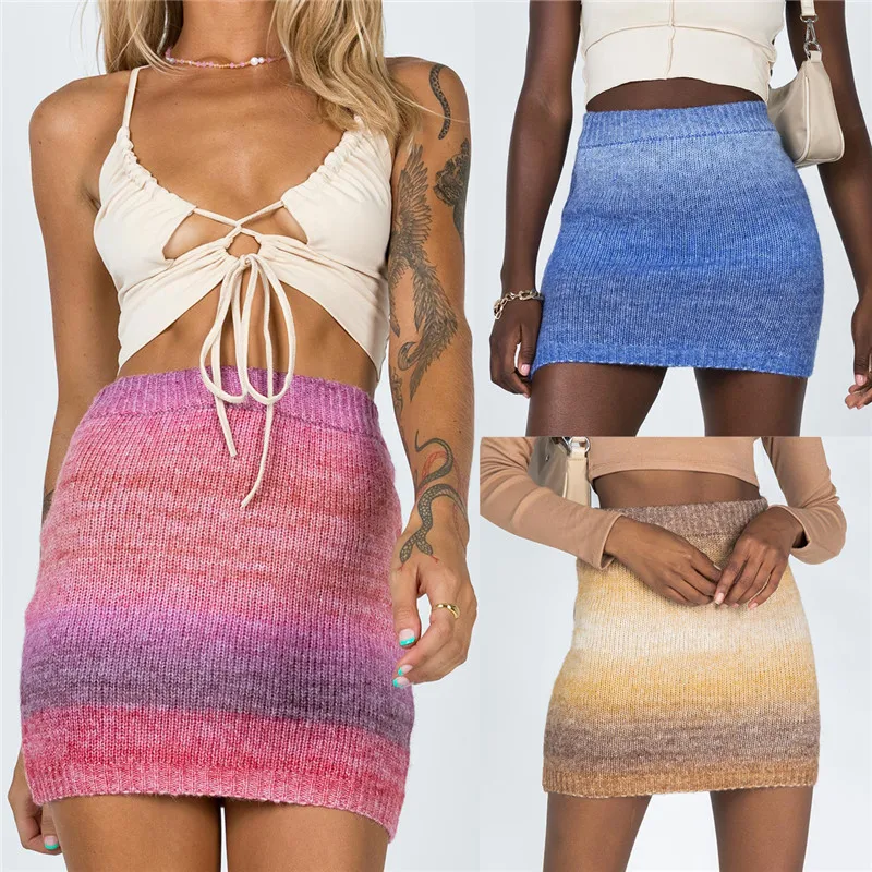 

CHRONSTYLE Y2K Style Knitted Mini Skirts Women Gradient Bodycon High Waist Stretchy Summer Casual Short Pencil Skirts Clubwear