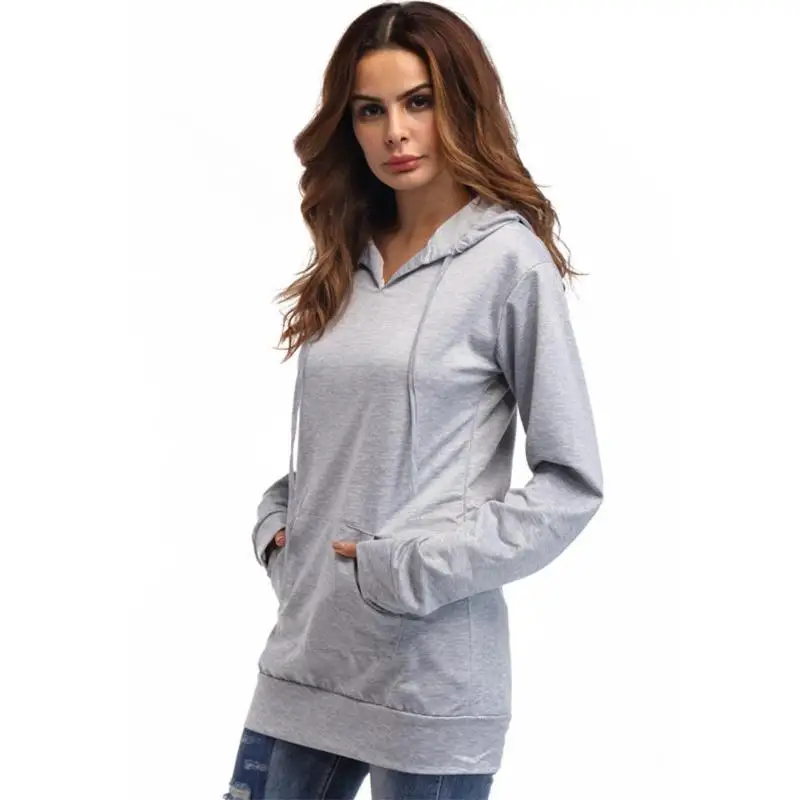 

2019Sweatshirt Women Long Hoodie Cotton Gray Color Loose Hooded Female Pullover Long Sleeve Front Pocket Women Hoodie