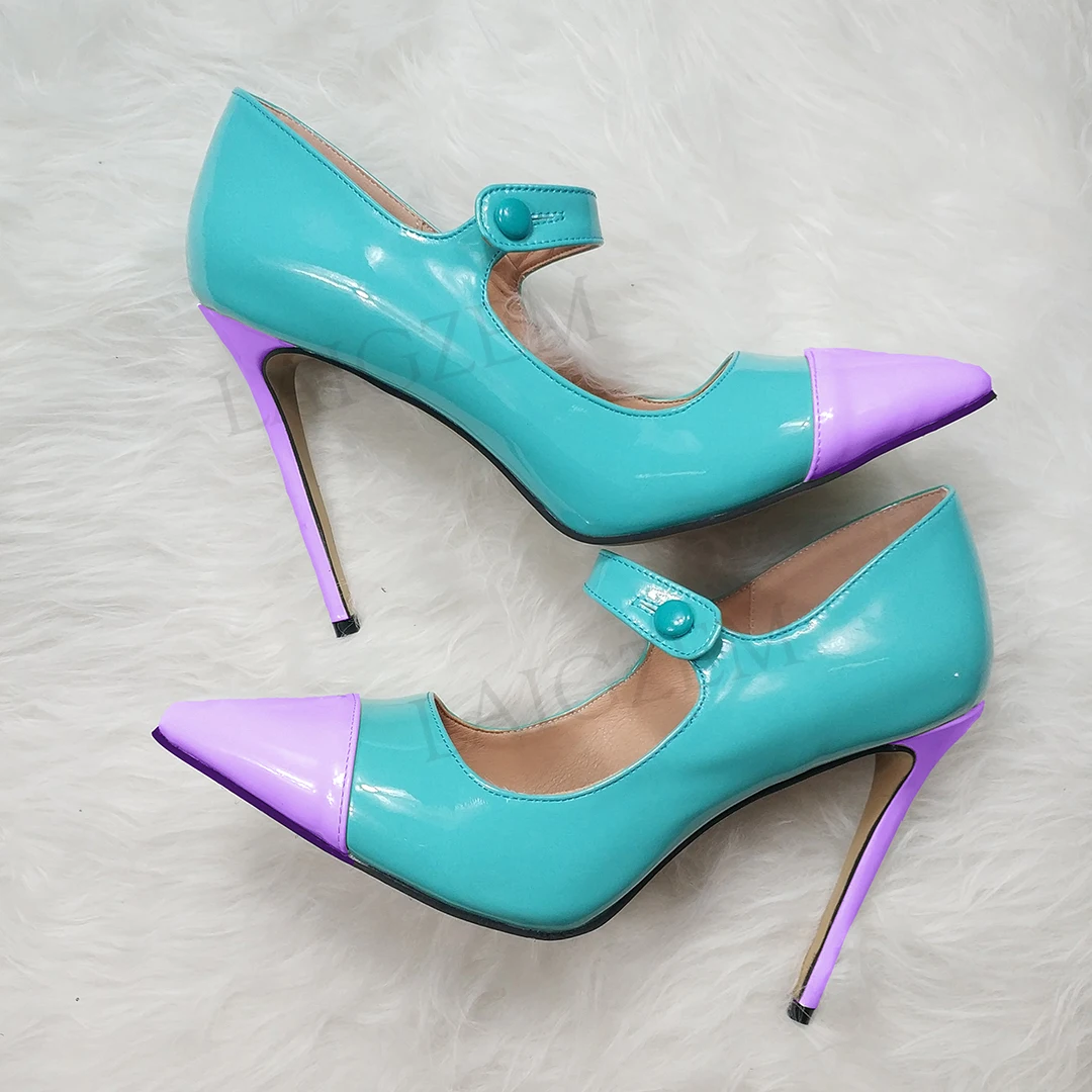 Blue-Purple LAIGZEM/пикантные женские туфли-лодочки разных цветов на тонком каблуке; свадебные вечерние туфли Mary Jane; Цвет фиолетовый, синий; женская обувь года; большие размеры 34-47 - Цвет: Blue-Purple
