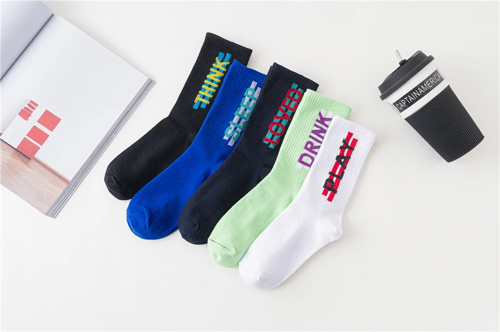 Women's Funny Words Loved Think Drink Sleep Play Lettered Striped Art Socks Couples Skateboard Hipster Street Dance Harajuku Sox