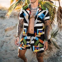 trend summer new mens casual suit digital print slim short sleeve shirt youth beach suit