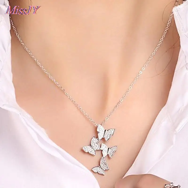 Серебряное ожерелье с несколькими цирконами в виде бабочек и кулоны для женщин CZ