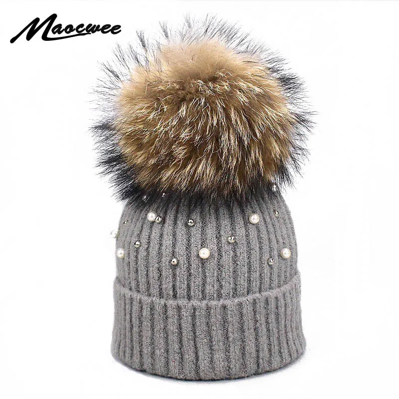 Женские вязаные шапки с помпоном из натурального меха енота мягкие эластичные