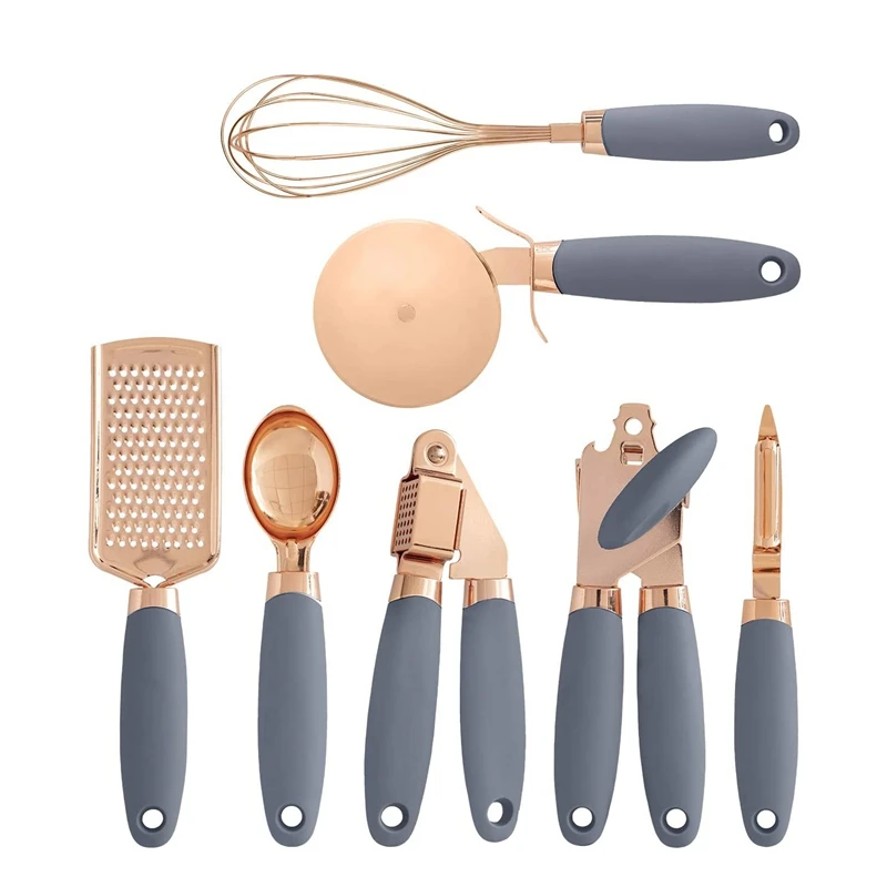 Utensílios de Aço Pces com Punhos Macios do Contato Revestidos de Cobre do Conjunto do Gadget da Cozinha de 7 Inoxidável Cinzentos