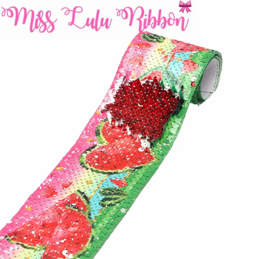 3&quot75mm Fruits Series Summer Watermelon Printed Double Reversible Hologram Red Sequin Ribbon DIY Hair Bowknots 46yards | Дом и сад
