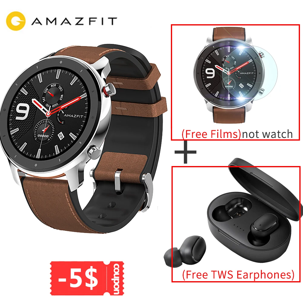 silver Бесплатные фильмы и TWS гарнитура Amazfit GTR Смарт часы 47 мм Huami gps Smartwatch 24 дня батарея управление музыкой 5ATM для Android IOS - Цвет: silver