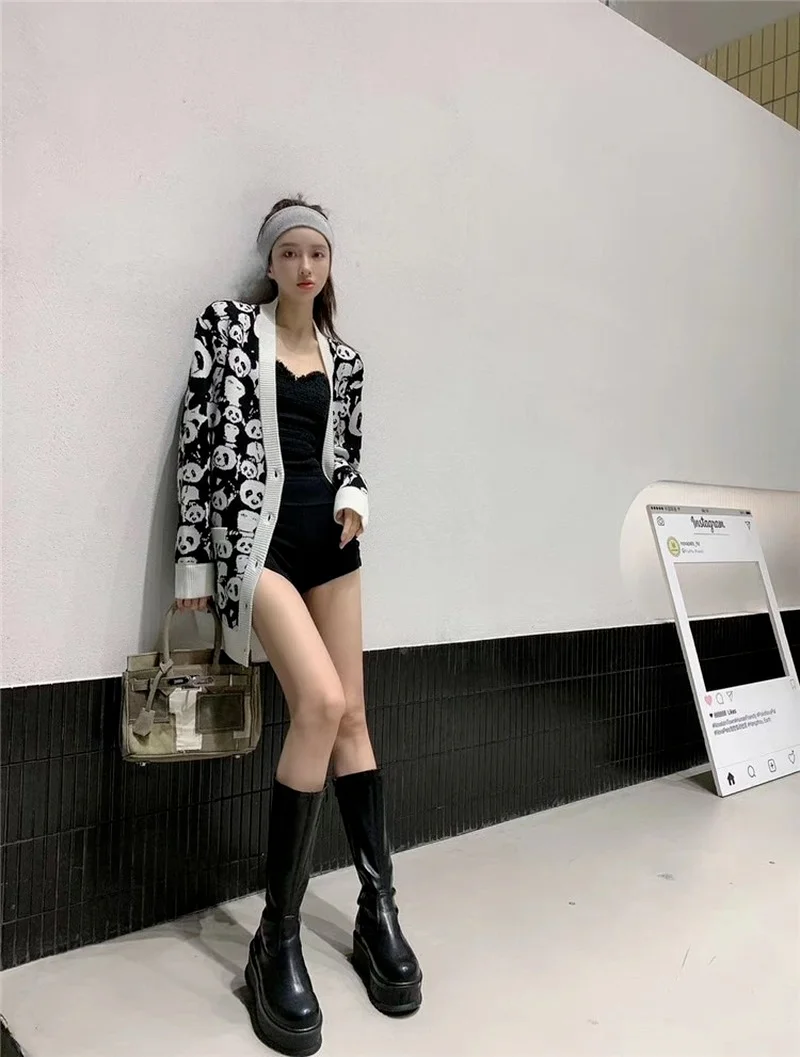 Новинка Осень-зима 2021 утолщенный вязаный кардиган с рисунком панды средней длины