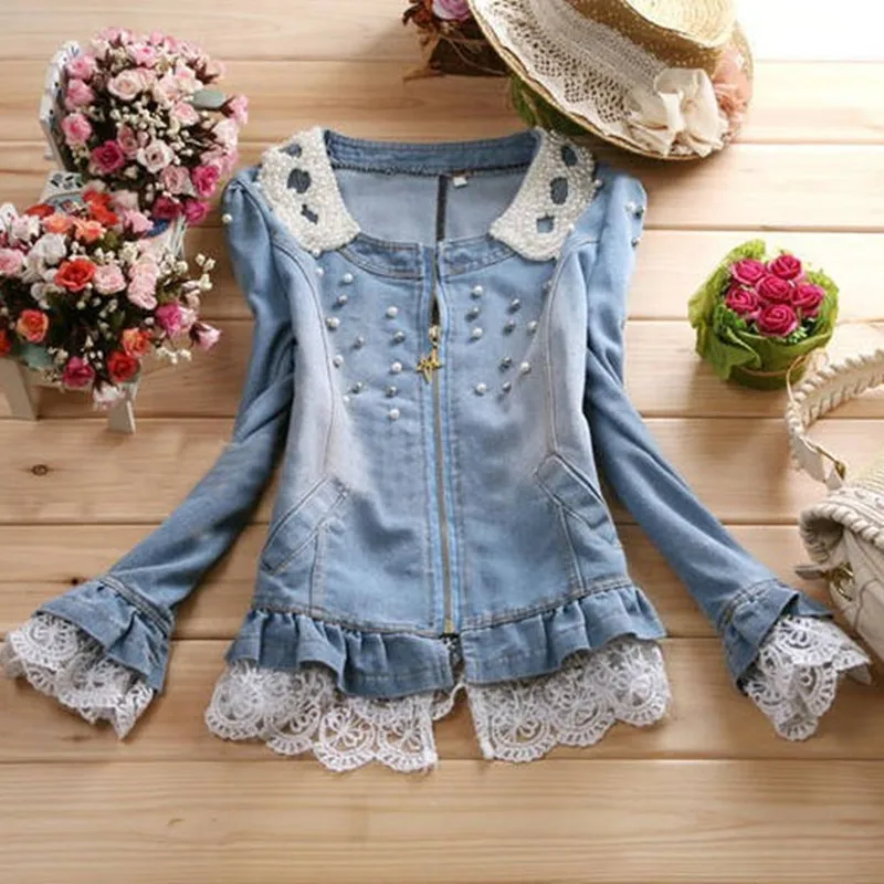 Женская джинсовая куртка WSYORE новая с потертым жемчугом на воротнике кружевное