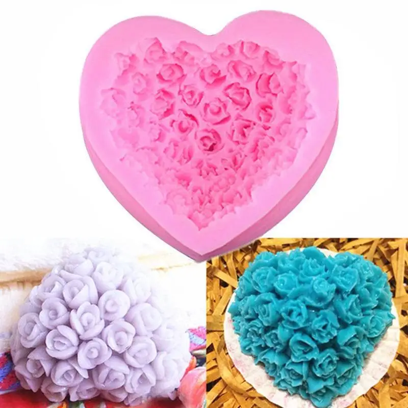 

Molde de silicona con forma de corazón para hacer jabón, con forma de rosa, 3d, para decoración de tartas, hecho a mano