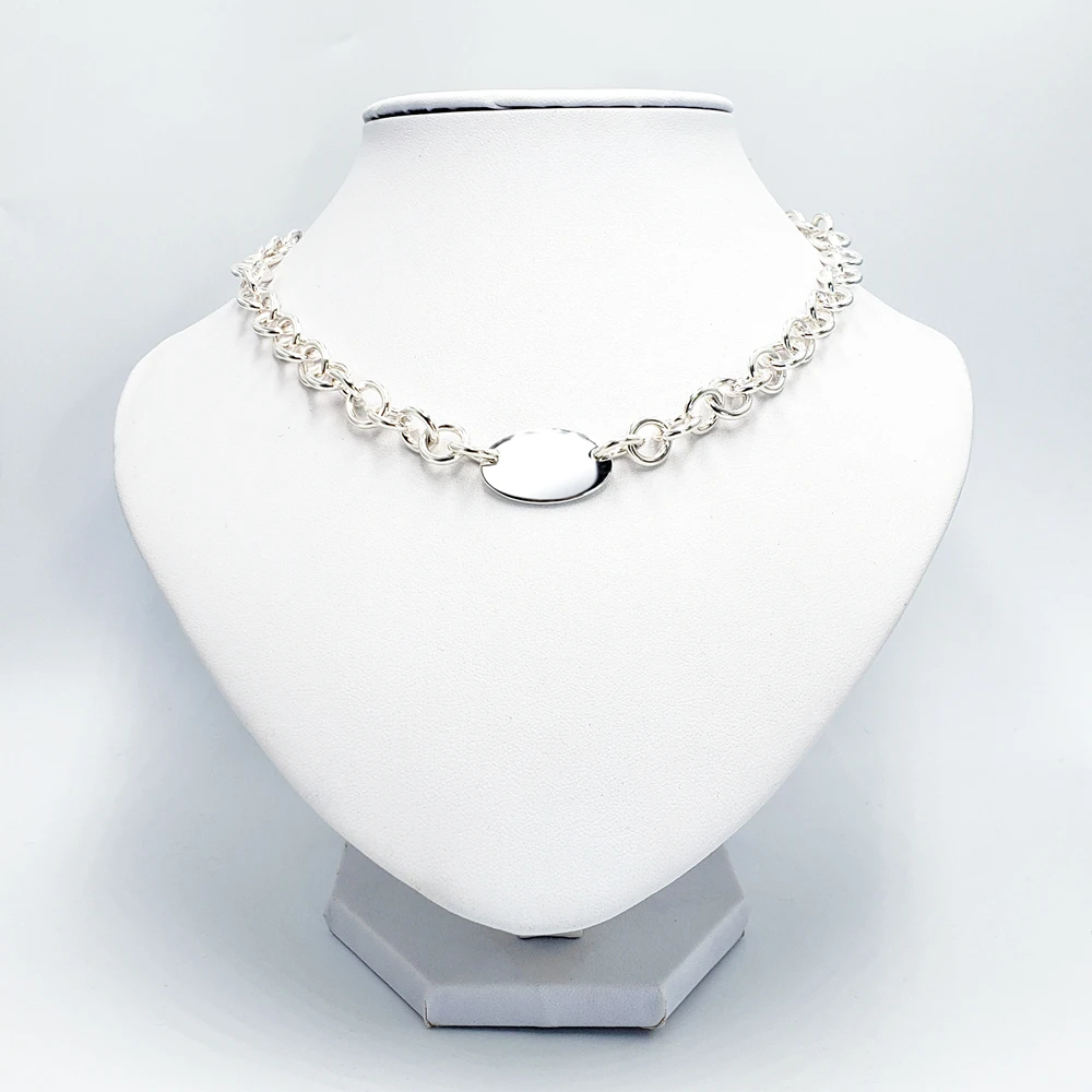 

1:1 925 Sterling Silver Necklace Women's Classic Double Hole Oval Tag O-Chain Necklace Personality All-Match Jewelry Gift