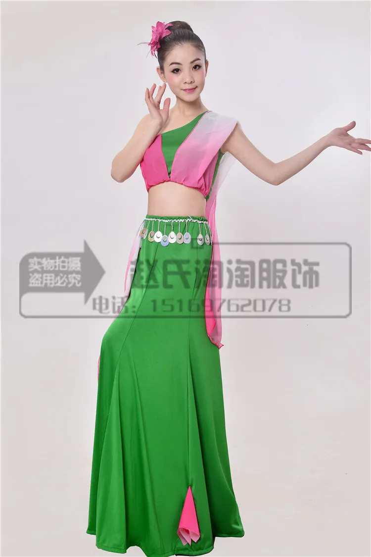 

New Chinese Traditional Dress Girls Women Dai National Folk Fan Dance Costume Long Mermaid Peacock Dance Costume Dress