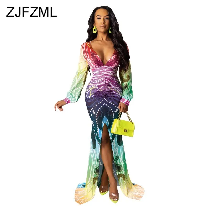 Градиент геометрический сексуальное вечернее платье из шифона Русалка длинное
