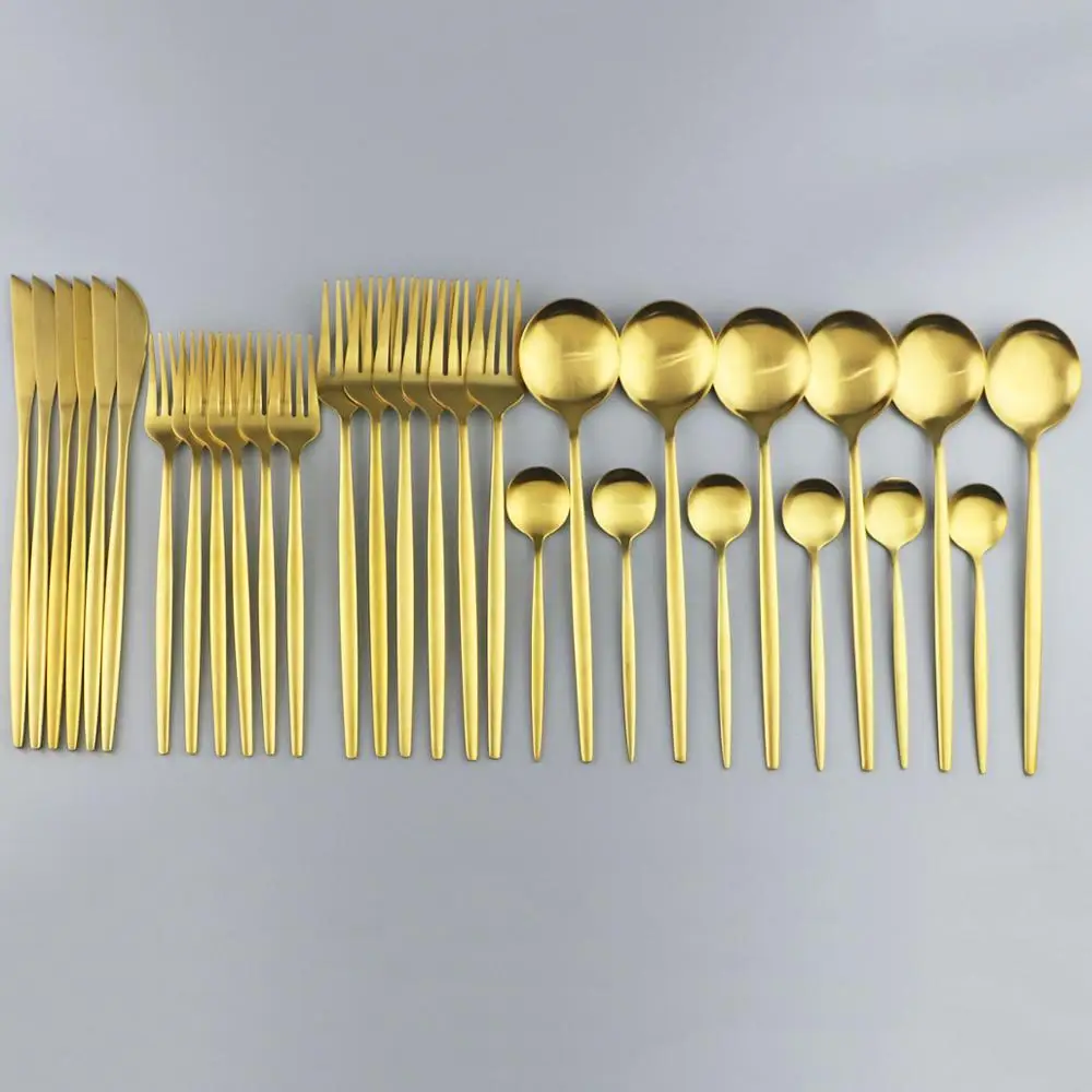 

30 шт Gold Нержавеющая сталь столовые ложки посуда десертные столовые приборы Наборы Кухня ужин Ножи вилка ложки набор серебряных изделий